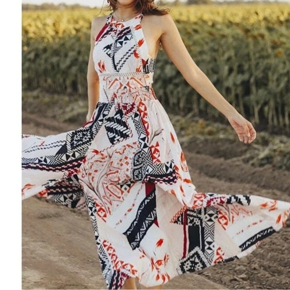 [S]ATL Abel The Label Aztec Geo Print Maxi Dress Slit Open Back Boho - Picture 2 of 12